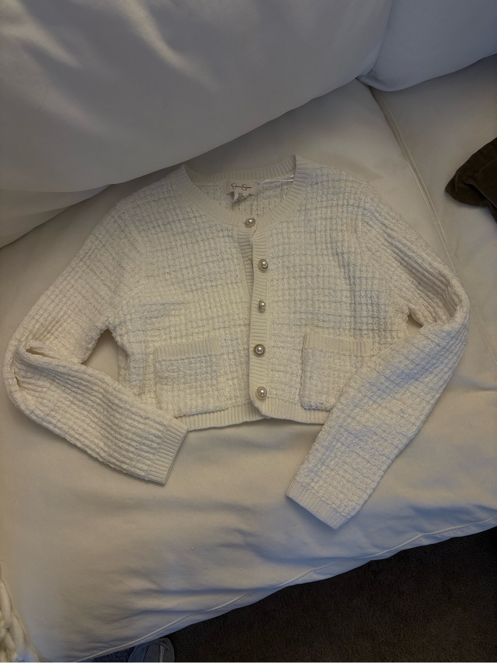 Jessica Simpson Ivory Pearl-Button Knit Cardigan